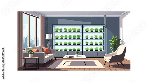 Modern vector illustration of vertical farming inside urban building, modern agriculture and smart city food production concept