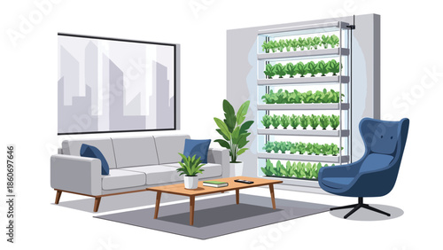 Modern vector illustration of vertical farming inside urban building, modern agriculture and smart city food production concept
