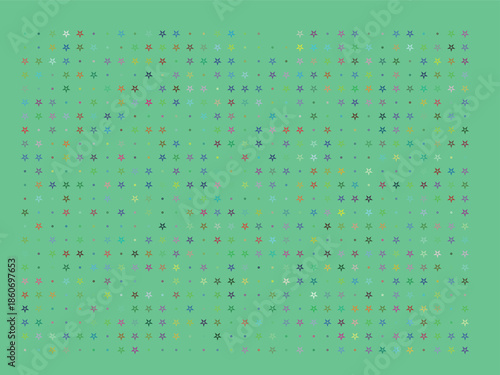Colorful star and polka dot seamless pattern on green background