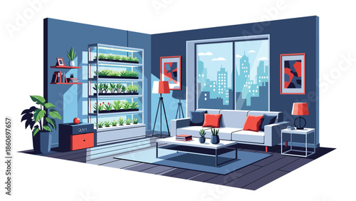 Modern vector illustration of vertical farming inside urban building, modern agriculture and smart city food production concept