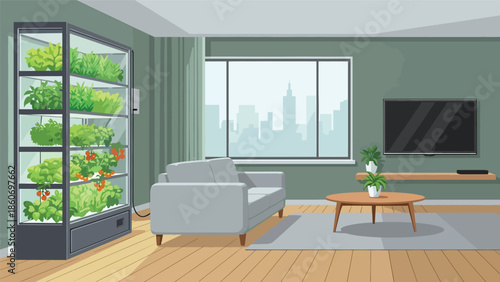 Modern vector illustration of vertical farming inside urban building, modern agriculture and smart city food production concept