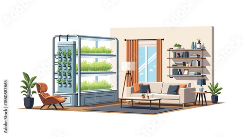 Modern vector illustration of vertical farming inside urban building, modern agriculture and smart city food production concept