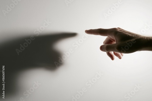 Close-up photo of a hand gesture with a shadow resembling a gun shape on the wall, symbolizing accusation, projection, and perceived threat.
