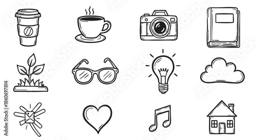 Line art doodle set of coffee plant eyewear and heart icons