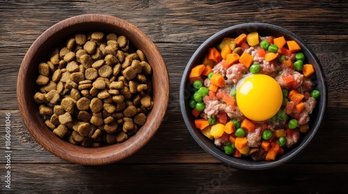 Two bowls sit on a wooden table. One bowl holds dry pet food while the other contains wet food with vegetables and an egg yolk showing options for pet meals.