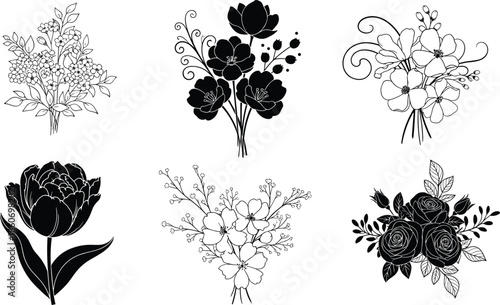 Black and white floral bouquet collection, elegant hand drawn flower arrangements, decorative botanical line art vector illustration set