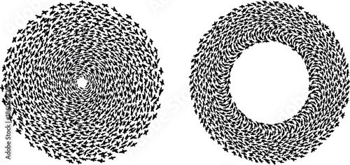 Abstract swirling bat silhouettes forming circular vortex shapes, spooky Halloween motion pattern, black gothic wildlife swarm, dynamic minimalist vector illustration