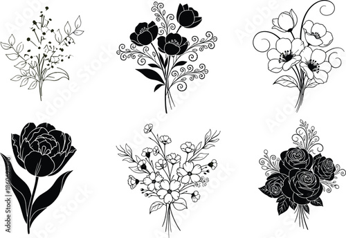 Black and white floral bouquet collection, hand drawn elegant flower arrangements, decorative botanical line art vector illustration set