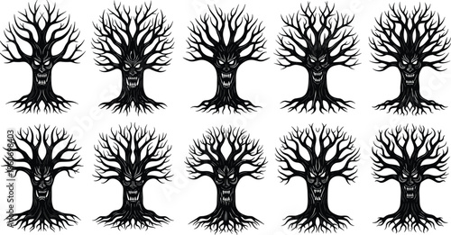 Dark fantasy tree silhouettes set, spooky twisted branches, eerie forest elements, horror nature shapes, black vector illustration collection, gothic halloween art design