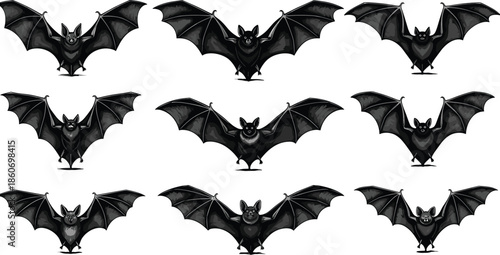 Cute cartoon bat characters set, flying black bats with spread wings, Halloween night animals, spooky yet friendly gothic vector illustration collection