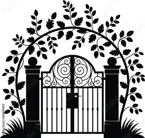 Decorative garden wrought iron gate with floral arch silhouette flat vector illustration ornamental metal entrance fence design