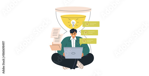 Modern Freelancer Working On Laptop With Ideas Documents And Time Control