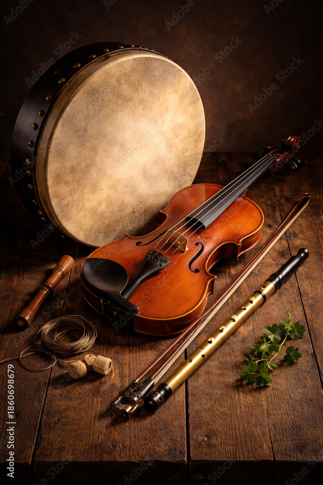 Fototapeta premium Traditional Irish musical instruments in rustic still life composition