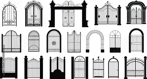 Decorative wrought iron gate silhouettes vector collection, vintage garden and entrance gate designs, classic ornamental metal architecture elements isolated on white background