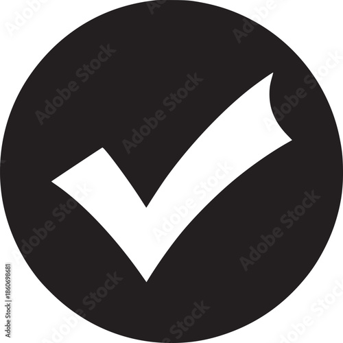 A simple graphic of a white check mark inside a black circle on a plain white background design icon