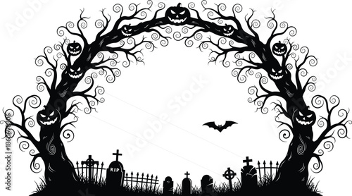 Halloween graveyard arch with twisted spooky trees, jack o lantern faces, cemetery silhouettes, flying bats, gothic horror black silhouette vector illustration