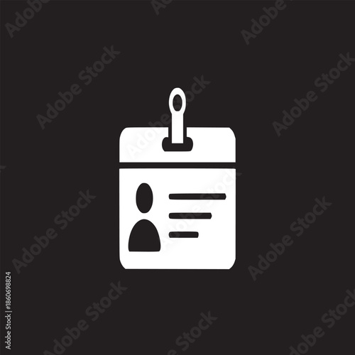 A white id card with a person icon and lines on a black background in a simple flat style
