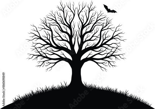 Lonely tree silhouette on grassy hill with flying bat, spooky night nature scene, minimal black vector illustration, gothic fantasy landscape design