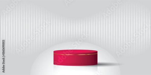Beatiful stage, red pedestal or podium in grey elegent studio background. 3D illustration. Perfect background or mockup for cosmetics or fashion. Place your object or product on pedestal