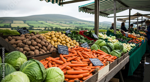 Traditional Irish vegetables displayed on rustic table in countryside