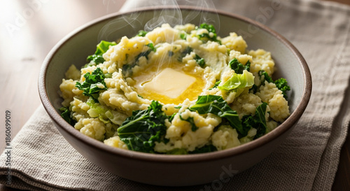 Traditional Irish colcannon with mashed potatoes, cabbage and butter