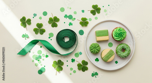 Green desserts and shamrocks flat lay for St Patrick’s Day celebration