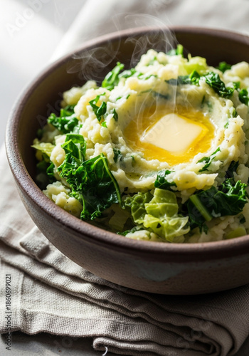 Traditional Irish colcannon with mashed potatoes, cabbage and butter