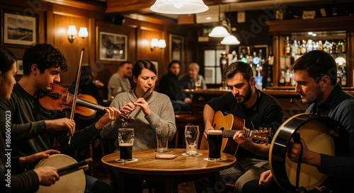 Traditional Irish music session in pub with fiddle and flute