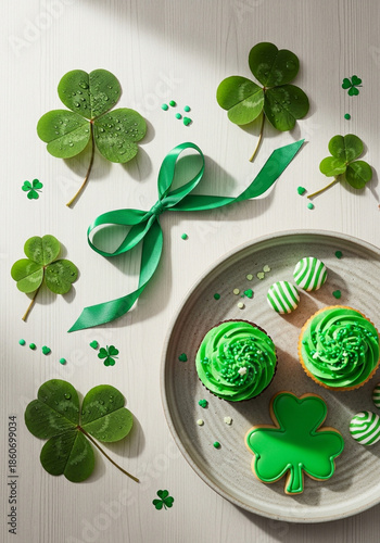 Green desserts and shamrocks flat lay for St Patrick’s Day celebration
