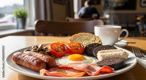 Traditional Irish breakfast served with hot tea