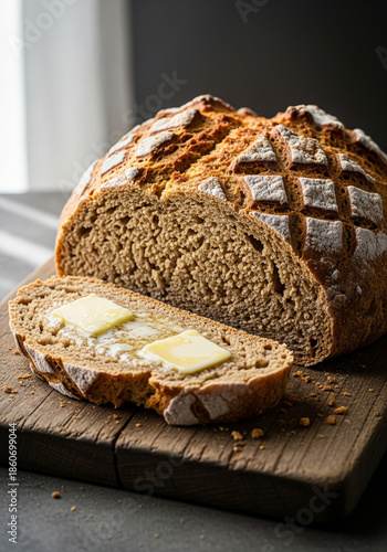 Traditional Irish soda bread with butter on rustic wooden table