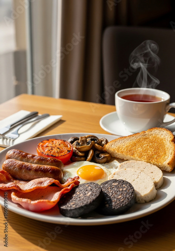 Traditional Irish breakfast served with hot tea