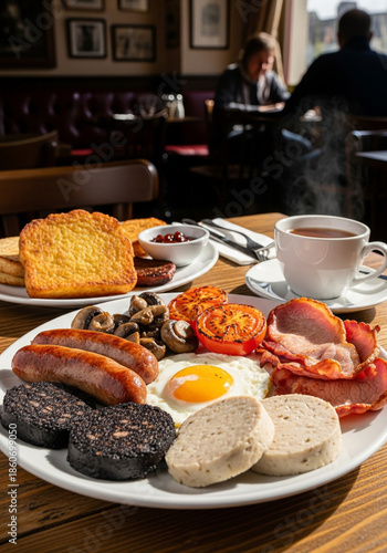 Traditional Irish breakfast served with hot tea