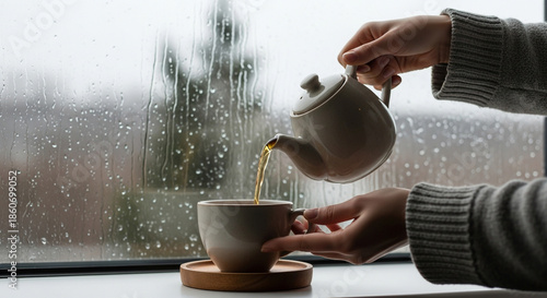 Hot tea being poured on a rainy day with cozy atmosphere