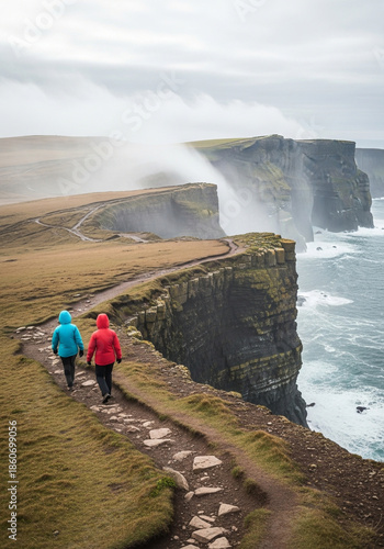 Hikers walking along dramatic Irish coastal cliffs on cloudy day
