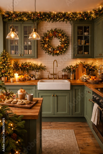 Cozy Christmas kitchen decorated with lights, candles and warm drinks