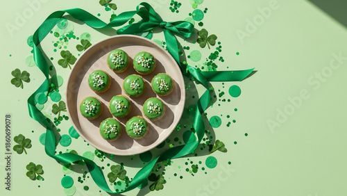 Green desserts and shamrocks flat lay for St Patrick’s Day celebration