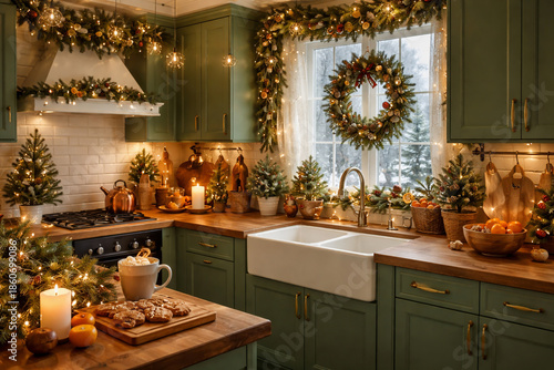 Cozy Christmas kitchen decorated with lights, candles and warm drinks