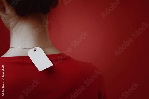 Concept photo of an anonymous person seen from behind wearing a blank hanging tag, symbolizing labeling, identity.