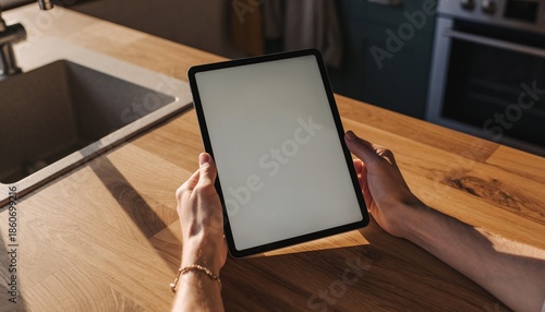 Hands holding tablet with blank white screen mockup in kitchen, digital device for app, website and advertising presentation