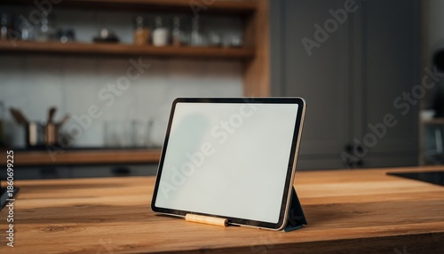 Tablet with blank white screen mockup on wooden stand in modern kitchen, digital device for advertising, app presentation and website design