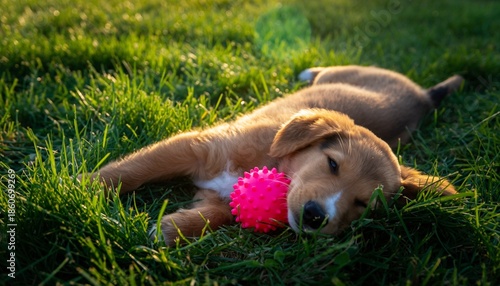 Selective focus of golden retriever puppy playing with a rubber ball on the green grass