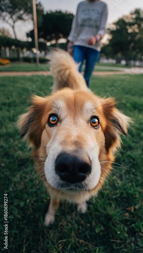 Joyful dog runs in green park grass, owner walks behind with basket. Golden hour light shines on happy dog ​​and nature. Pet, family, outdoor fun