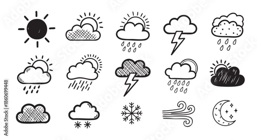 Weather condition doodle icons hand drawn set on white background