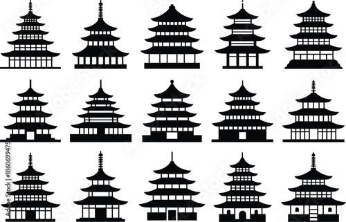 Traditional chinese pagoda architecture set with various designs