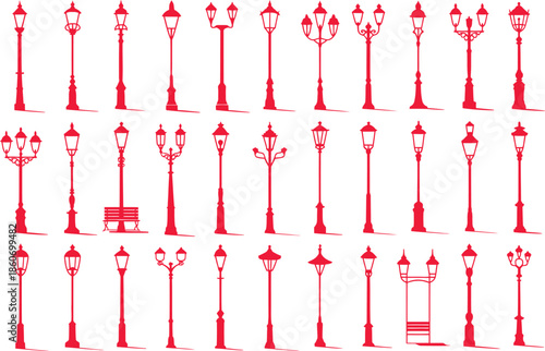 Collection of vintage street lamps and bench in various styles