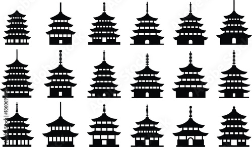 Traditional japanese pagoda temple silhouettes in multiple styles and tiers
