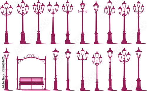 Collection of vintage street lamps and decorative bench silhouette designs