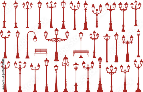 Collection of vintage street lamps and park benches in various styles
