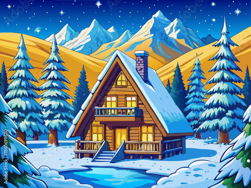 Luxury winter cabin in snowy mountain forest under blue starry sky, beautiful vacation home surrounded by frozen trees, peaceful mountain scenery and cozy seasonal escape concept.